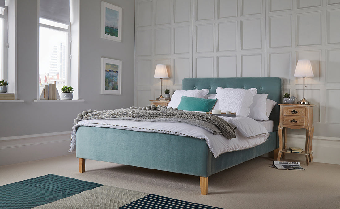Lucien Aqua Velvet Fabric Bed Frame - FurniComp