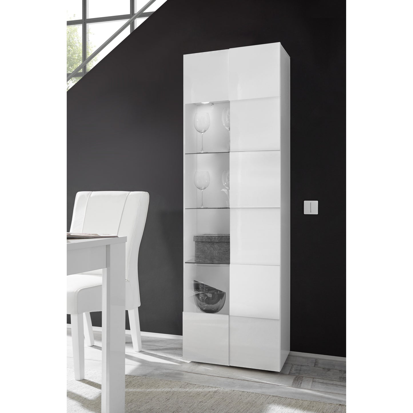 Lyon Tall 1 Door White Gloss Glass Display Cabinet - FurniComp