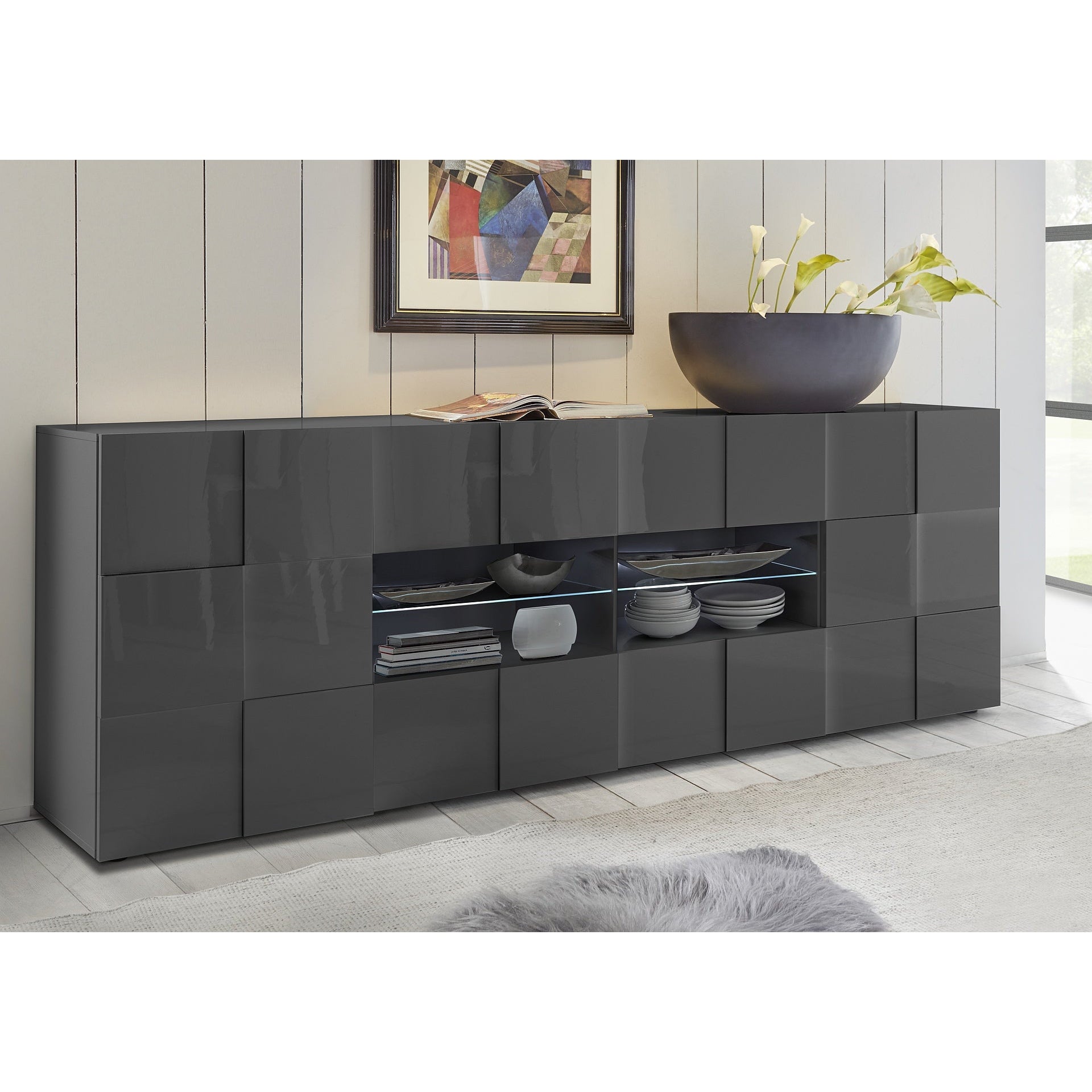 Lyon 2 Door 4 Drawer Large Grey Gloss Sideboard - FurniComp