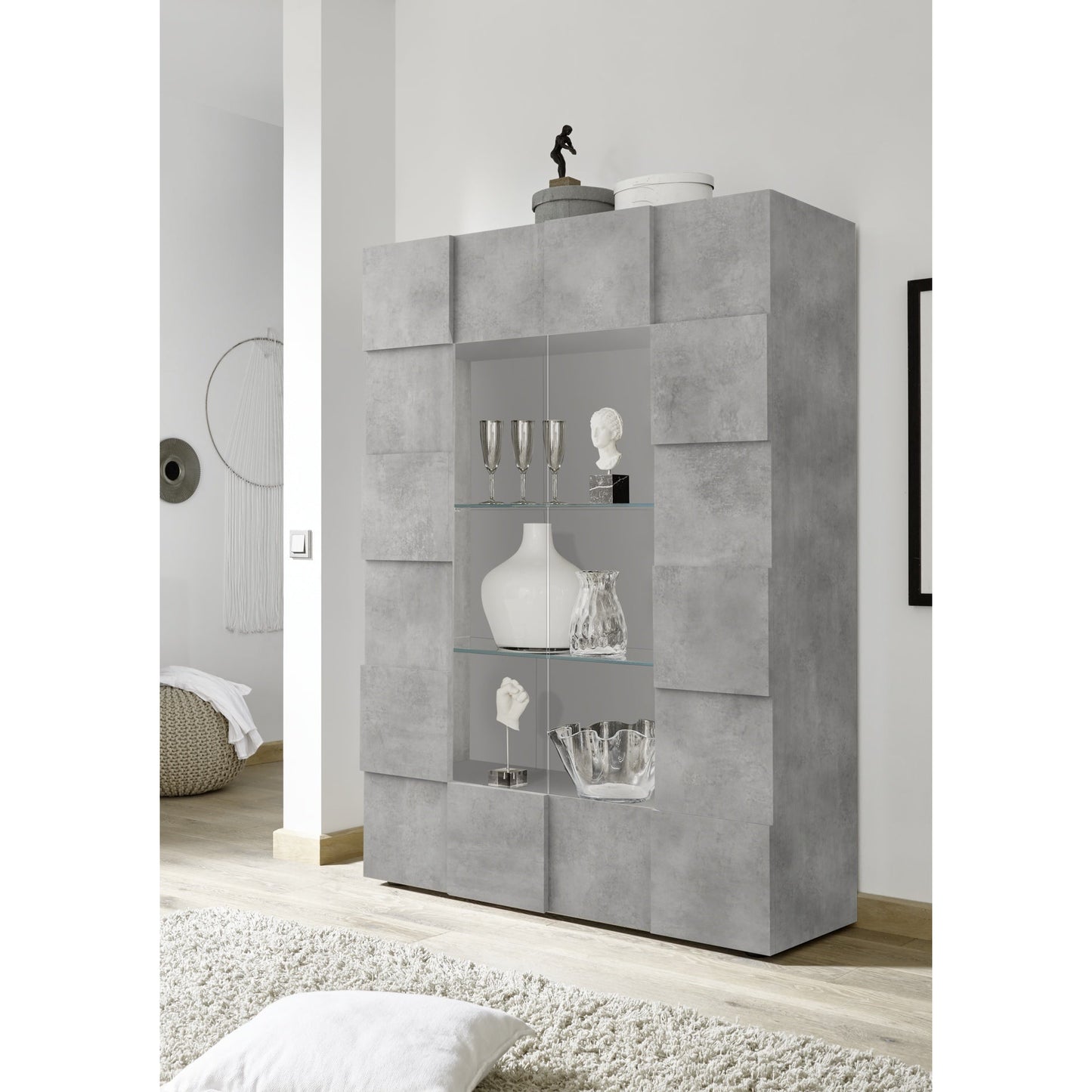 Lyon 2 Door Concrete Grey Glass Display Cabinet - FurniComp