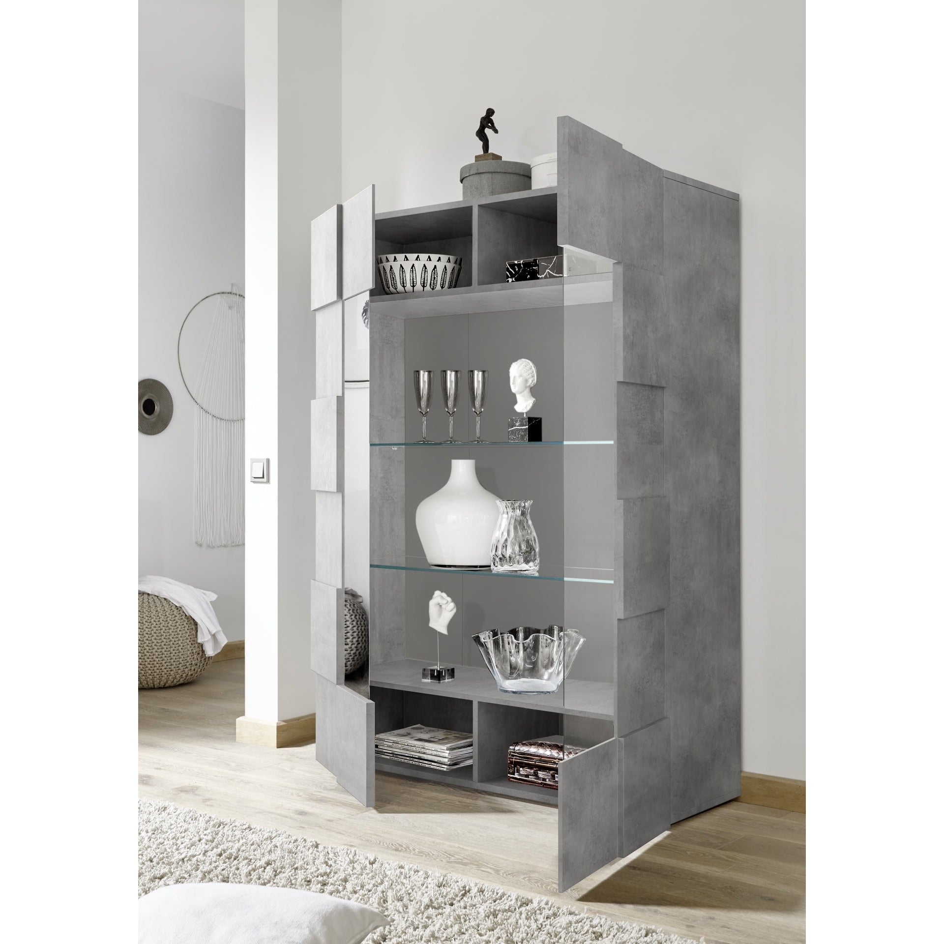 Lyon 2 Door Concrete Grey Glass Display Cabinet - FurniComp