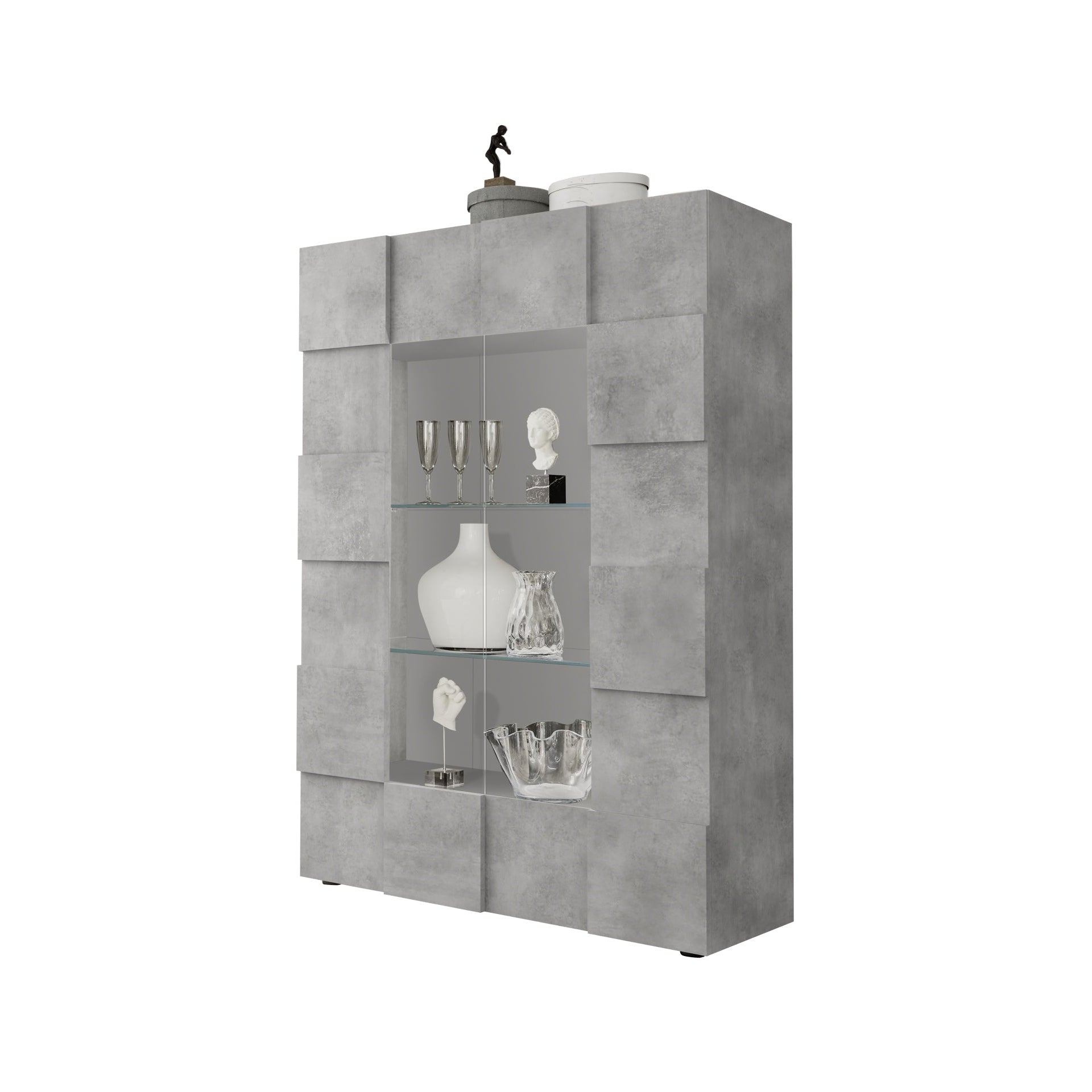 Lyon 2 Door Concrete Grey Glass Display Cabinet - FurniComp