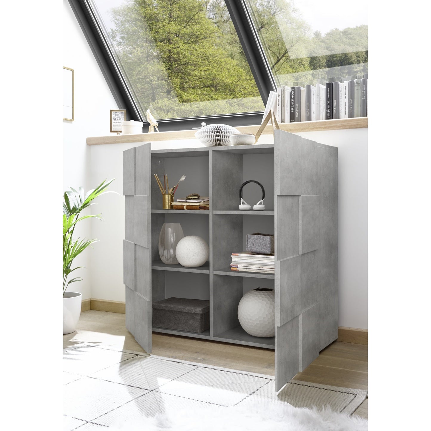 Lyon 2 Door Concrete Grey Tall Sideboard/Highboard - FurniComp