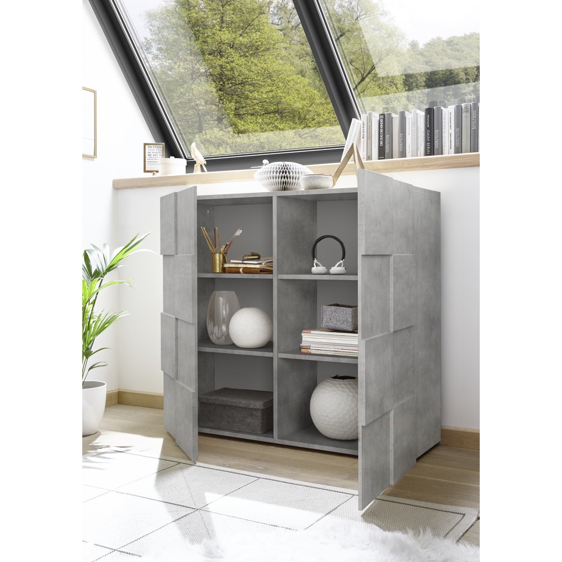 Lyon 2 Door Concrete Grey Tall Sideboard/Highboard - FurniComp