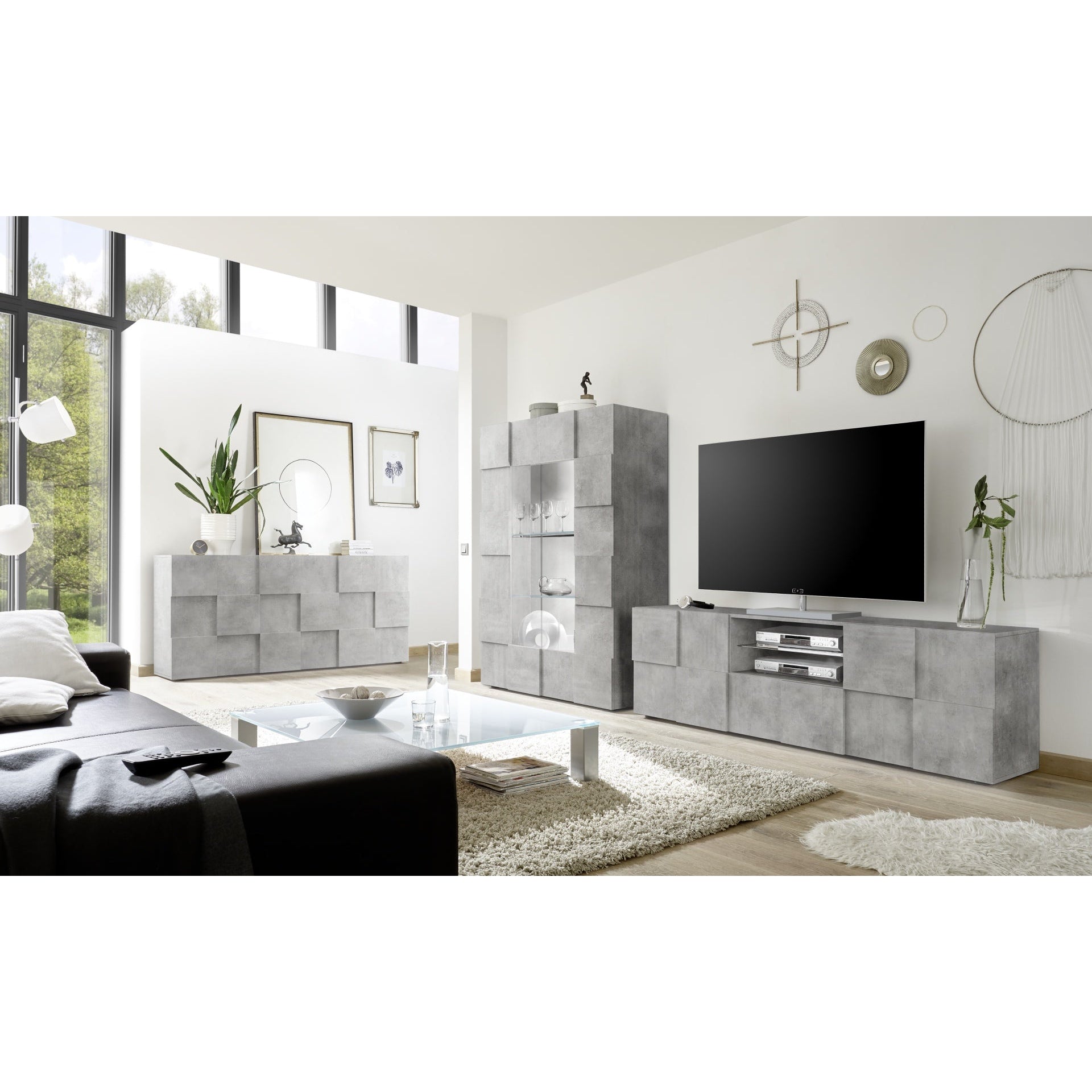 Lyon 2 Door 1 Drawer Large Concrete Grey TV Unit - FurniComp