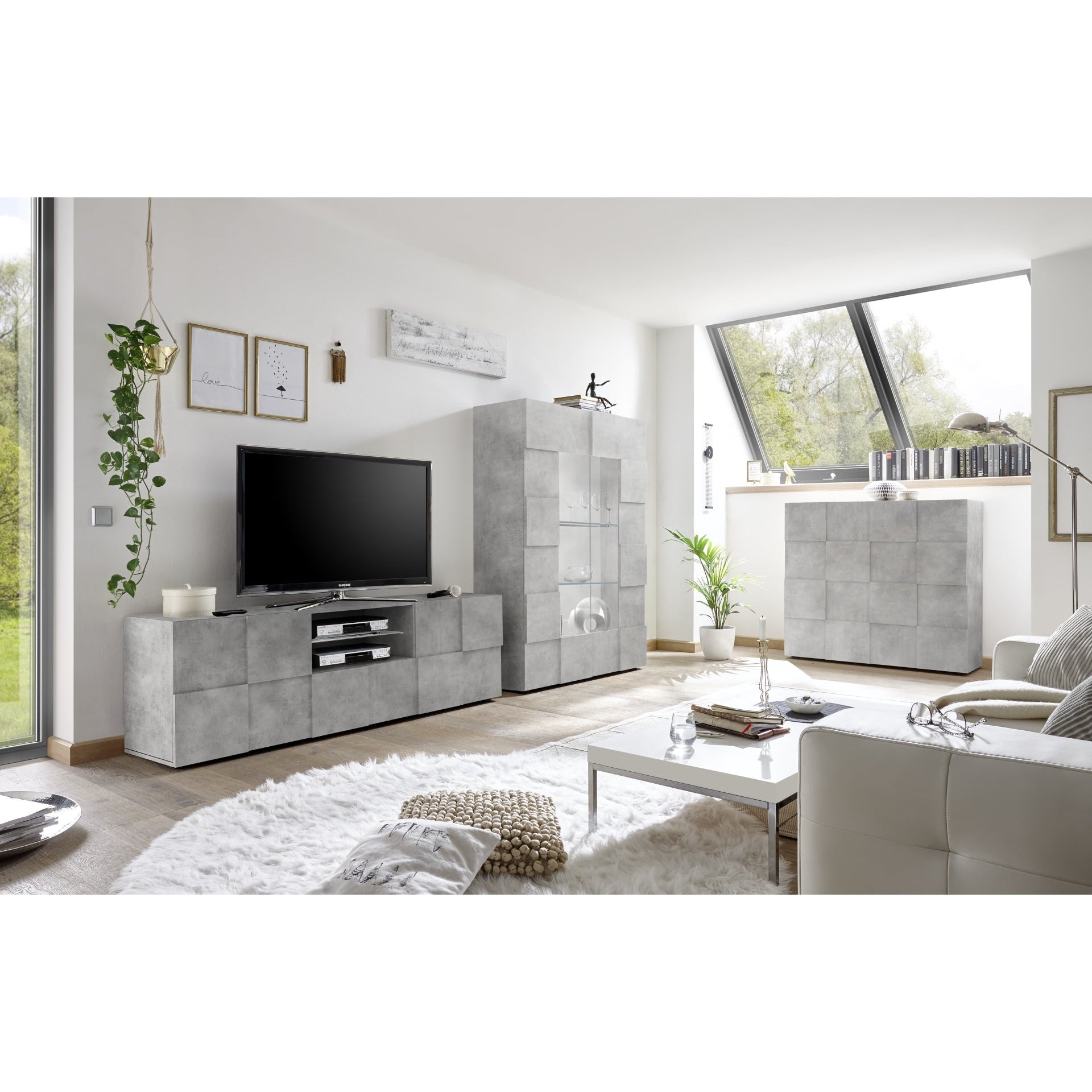 Lyon 2 Door 1 Drawer Large Concrete Grey TV Unit - FurniComp