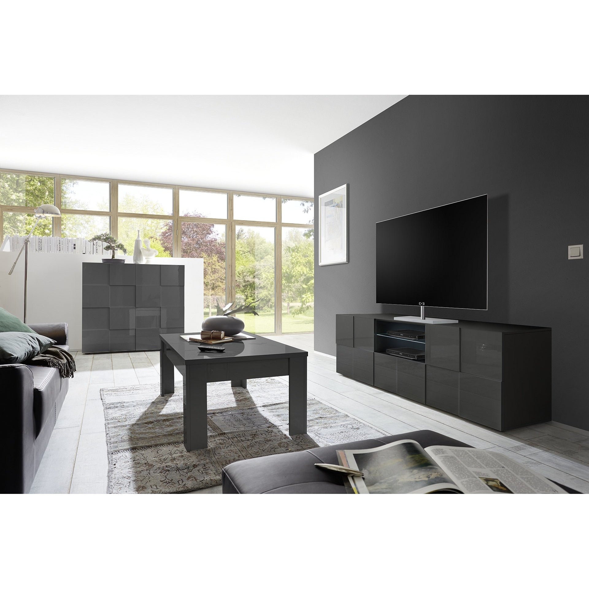 Lyon 2 Door 1 Drawer Large Grey Gloss TV Unit - FurniComp