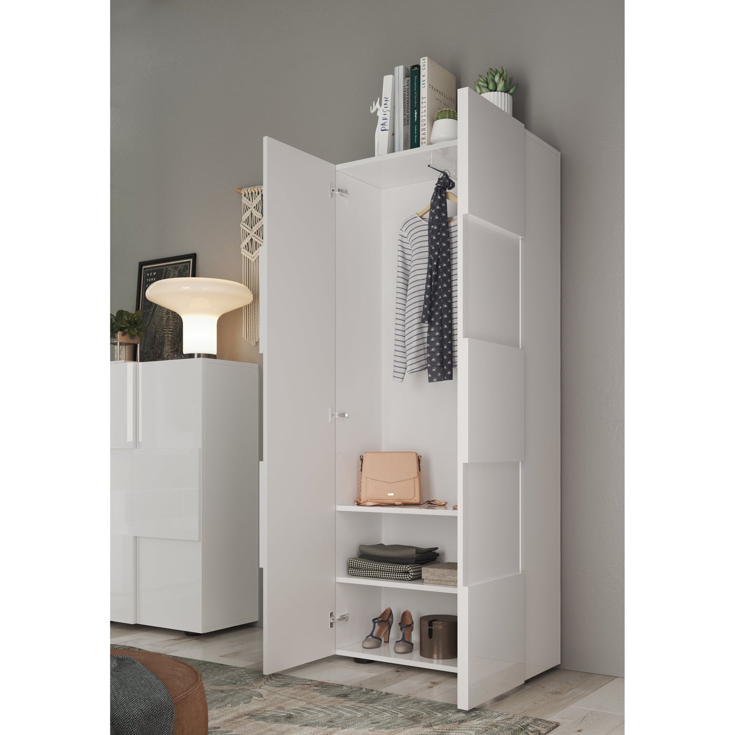 Lyon White Gloss Tall Narrow Shallow Depth Hallway Wardrobe - FurniComp