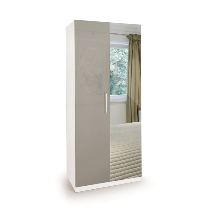 Maya High Gloss Grey and White 2 Door Mirrored Wardrobe - FurniComp