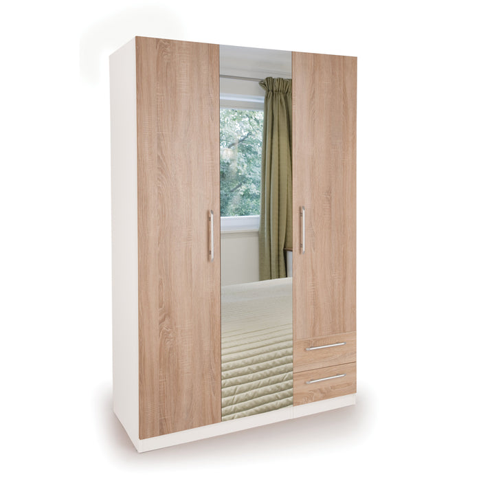 Mia White and Oak 3 Door 2 Drawer Mirrored Wardrobe - FurniComp