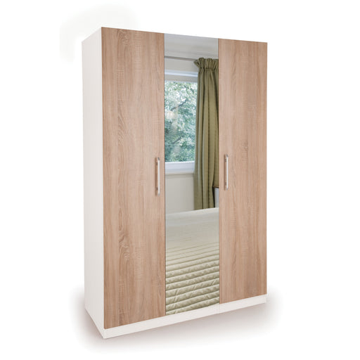 Mia White and Oak 3 Door Mirrored Wardrobe - FurniComp