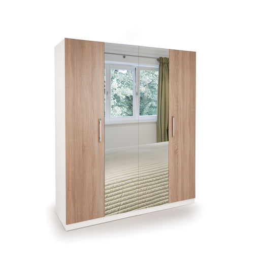 Mia White and Oak 4 Door Mirrored Wardrobe - FurniComp