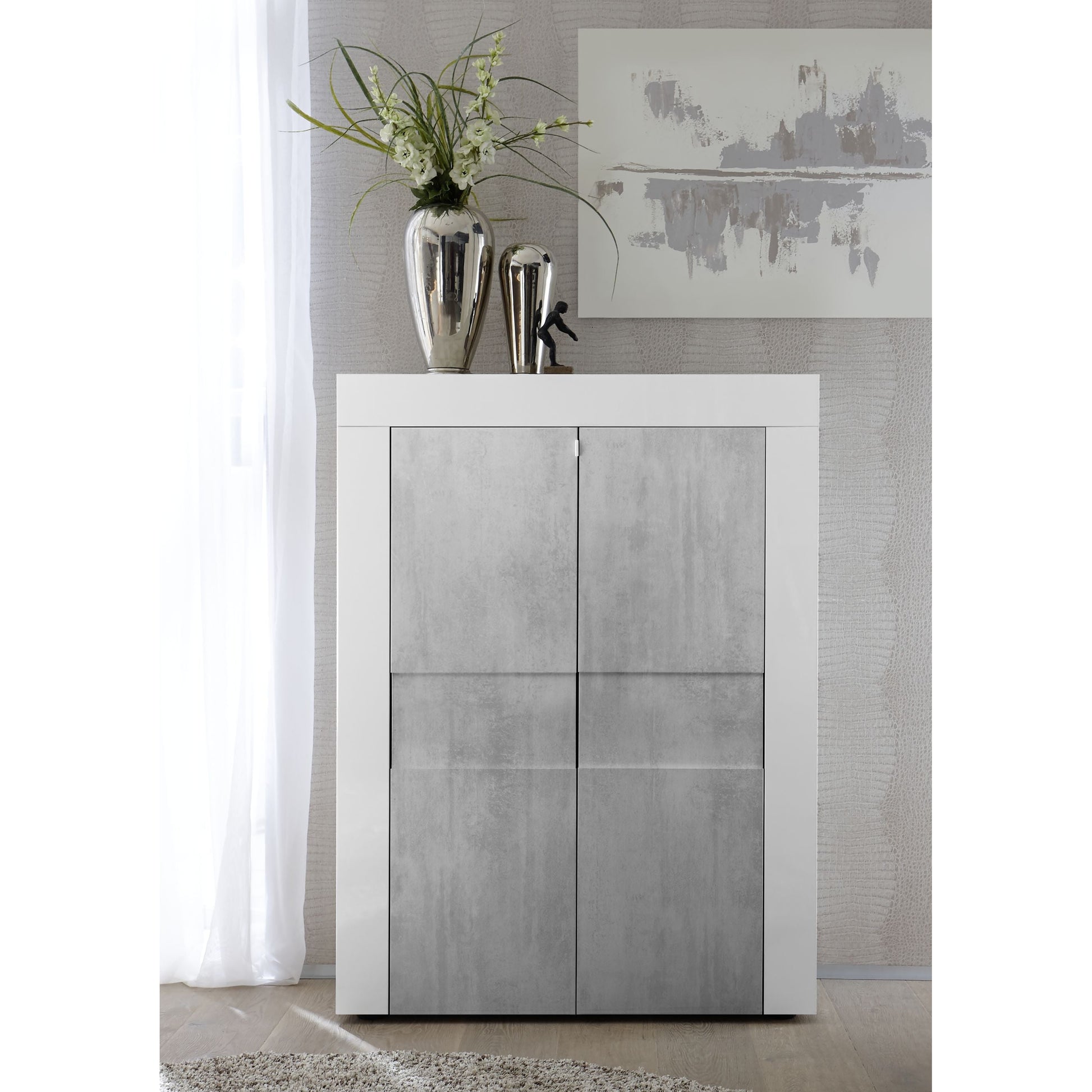 Milano 2 Door White Gloss and Grey Tall Sideboard/Highboard - FurniComp