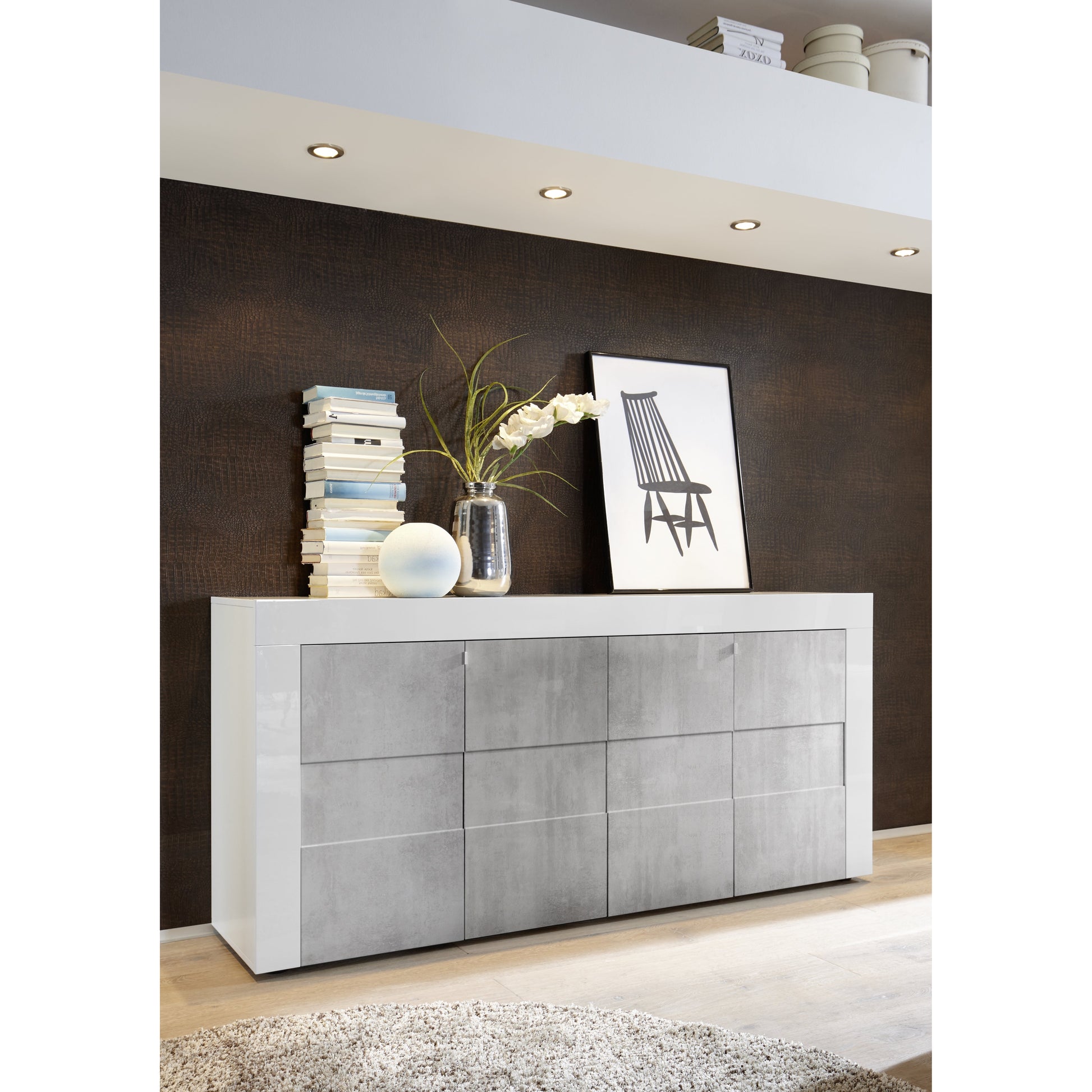 Milano 4 Door Large White Gloss and Grey Sideboard - FurniComp