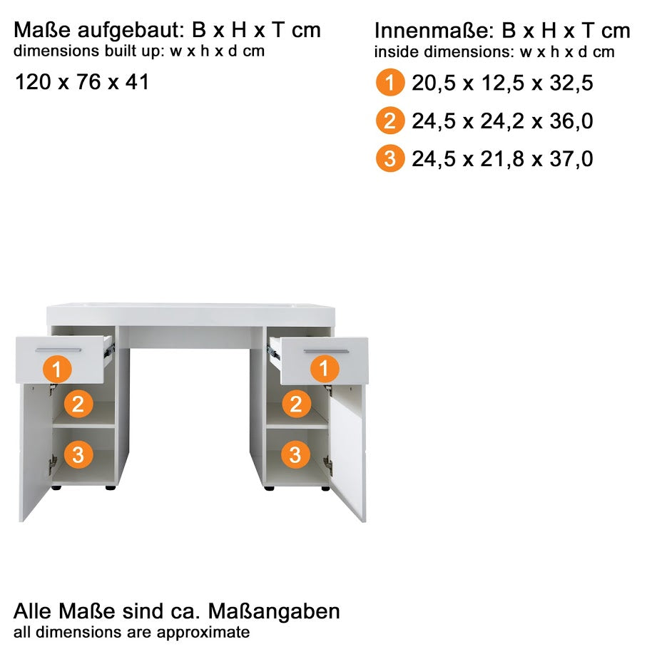 Modena 2 Door 2 Drawer White Gloss Dressing Table - FurniComp