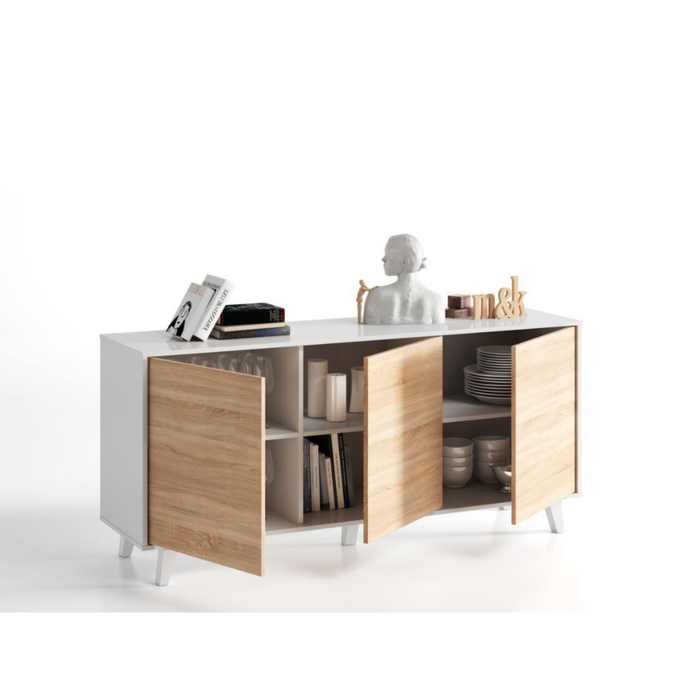 Munich Soft White Gloss With Oak Effect Sideboard Storage Cabinet - FurniComp