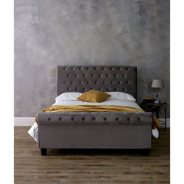 Myla Silver Velvet Fabric Scroll Bed Frame - FurniComp