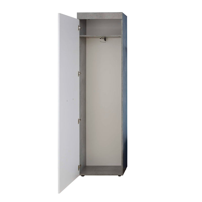 Myra White And Concrete Grey Tall Narrow 1 Door Wardrobe - FurniComp