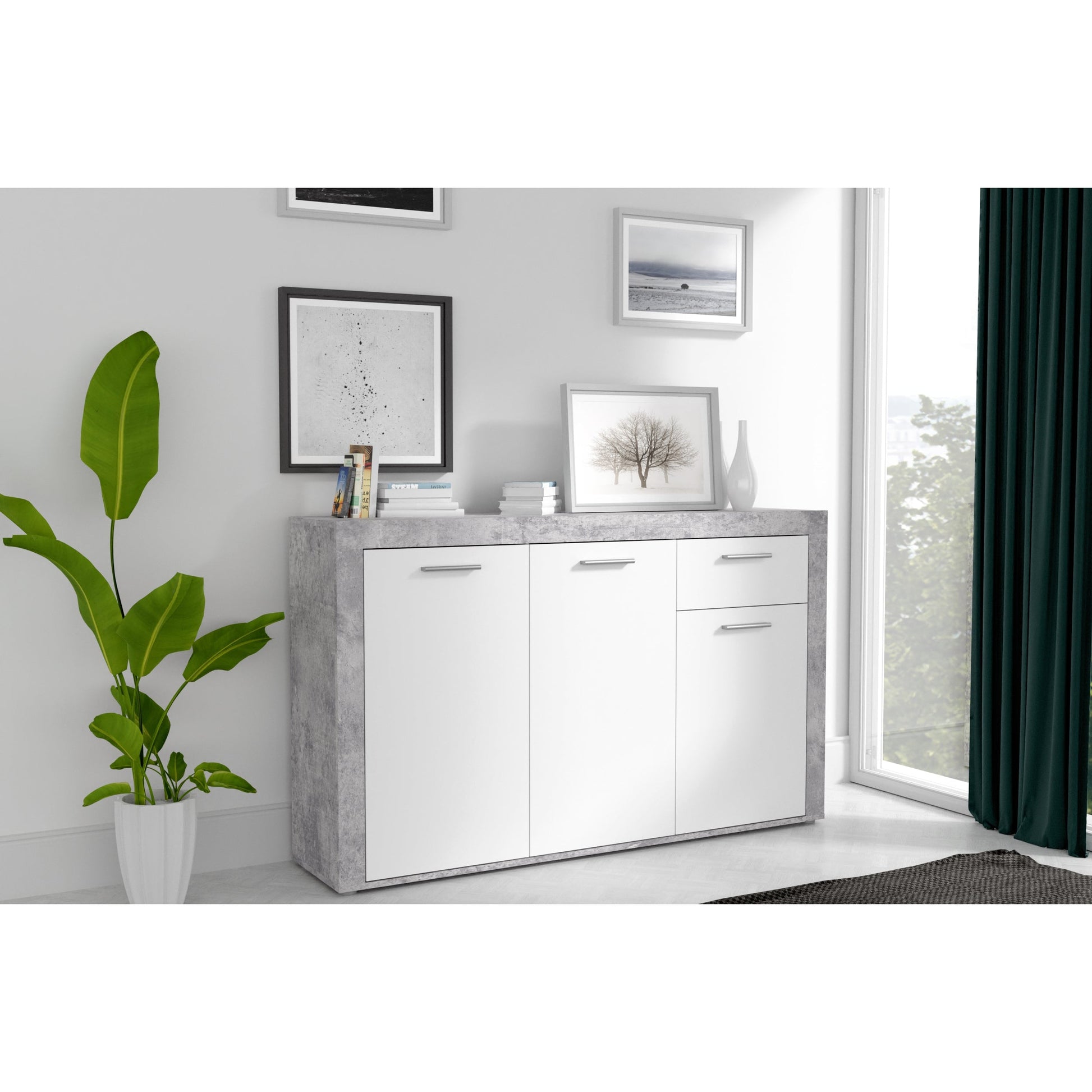 Orlando White and Concrete Grey 3 Door 1 Drawer Sideboard - FurniComp