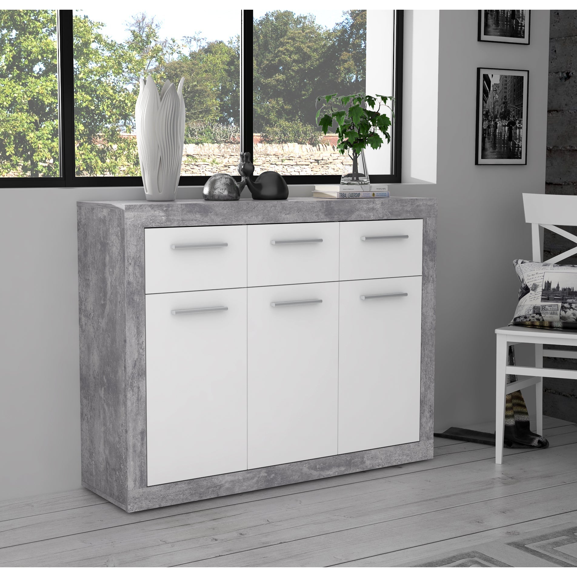 Orlando White and Concrete Grey 3 Door 3 Drawer Sideboard - FurniComp