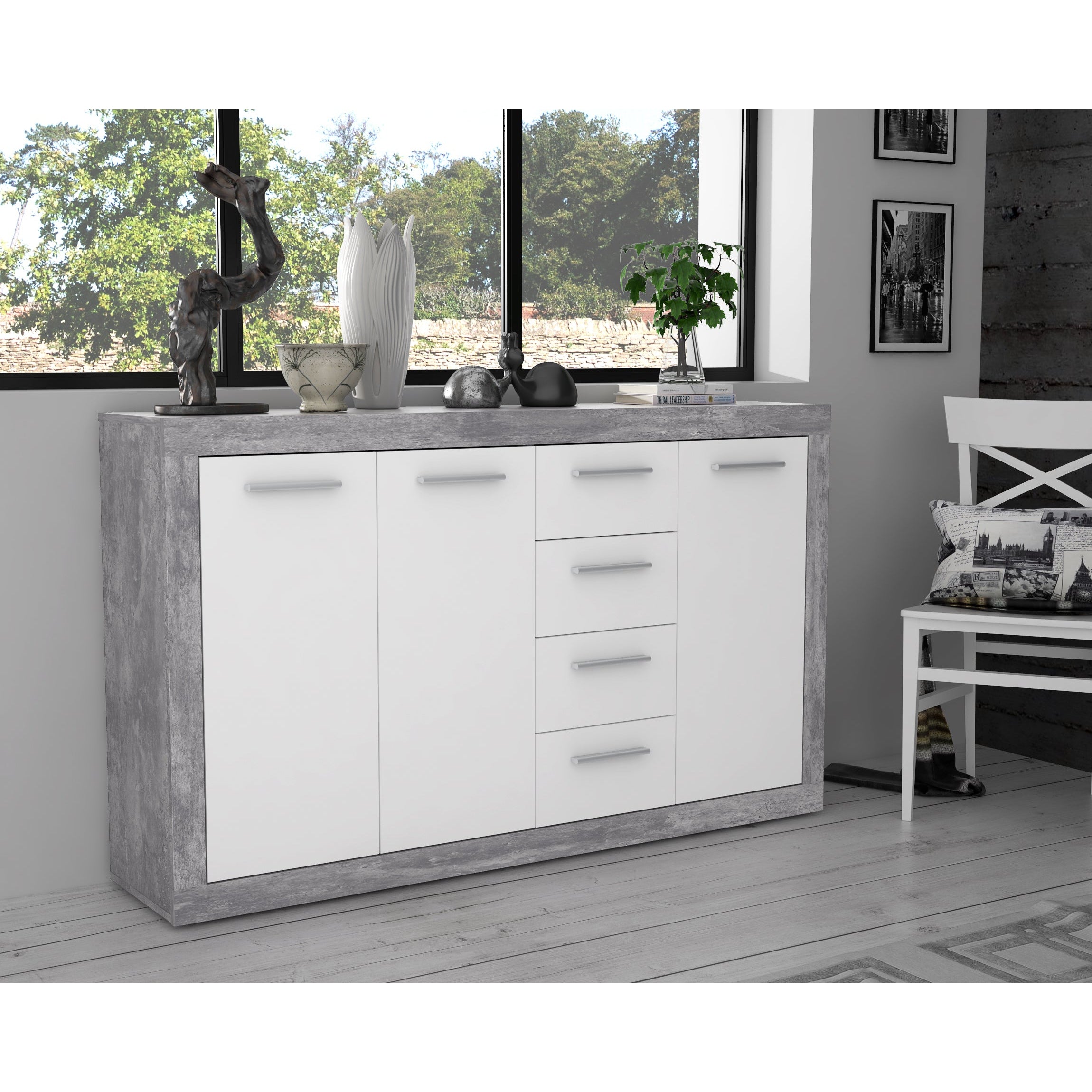 Orlando White and Concrete Grey 3 Door 4 Drawer Sideboard - FurniComp