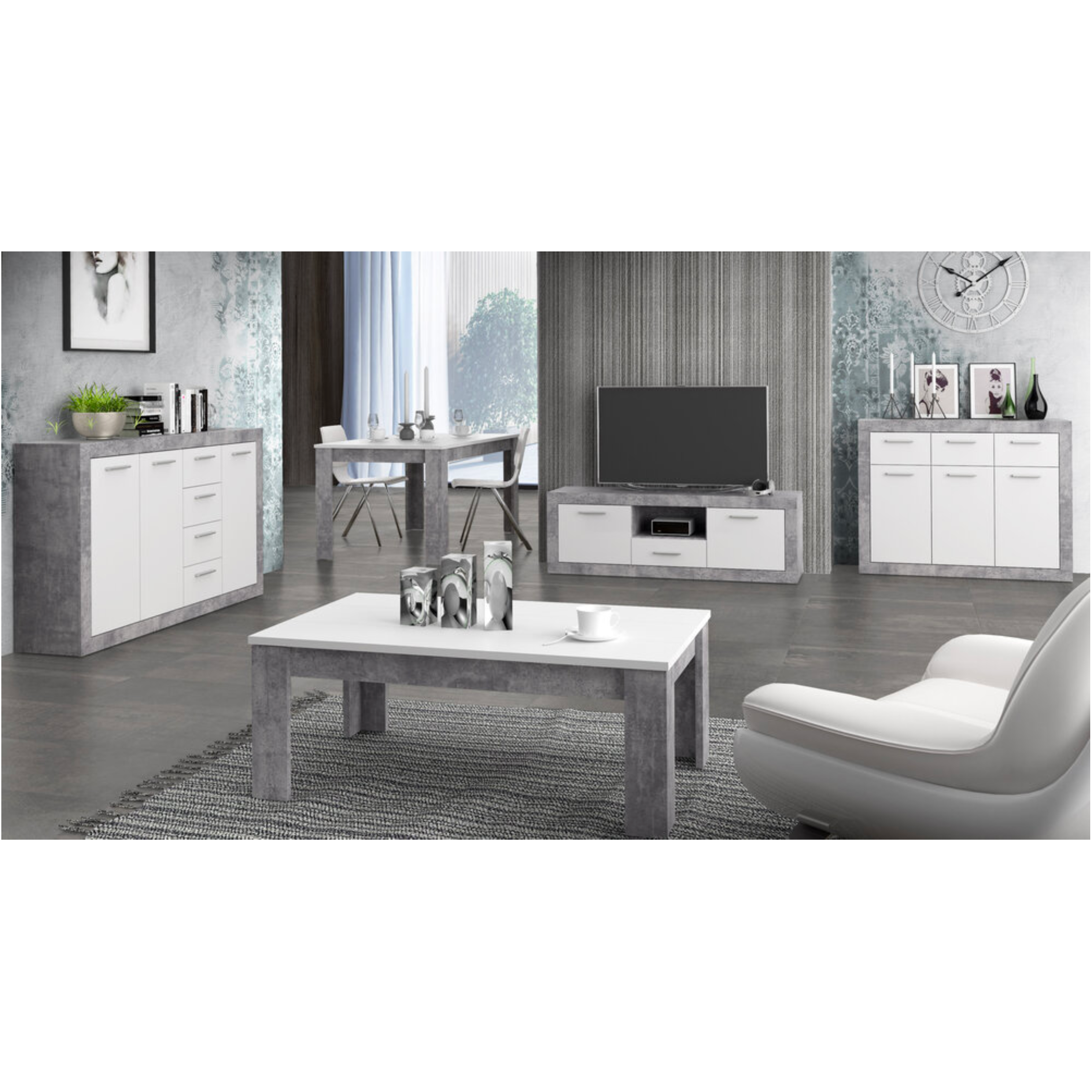 Orlando White and Concrete Grey 3 Door 3 Drawer Sideboard - FurniComp