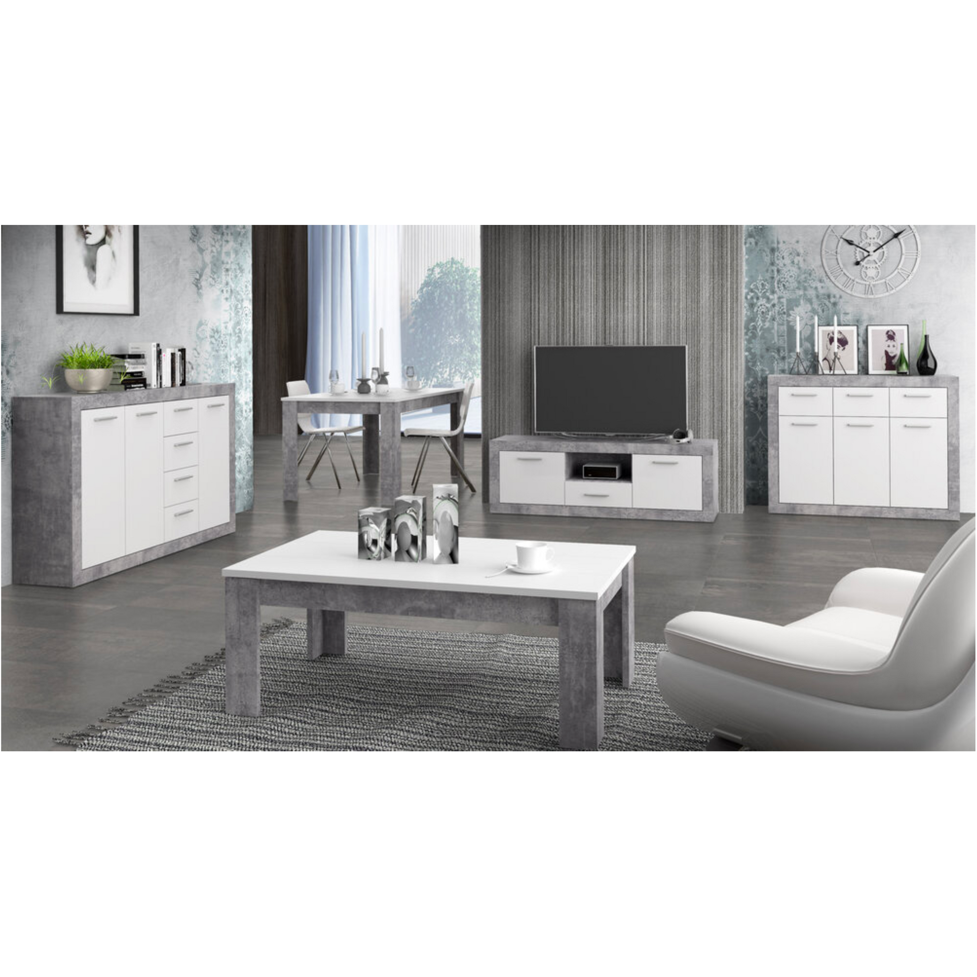 Orlando White and Concrete Grey 3 Door 3 Drawer Sideboard - FurniComp