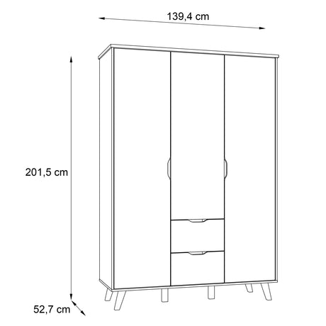 Oskar 3 Door 2 Drawer 140cm Wardrobe - Matt White & Oak - FurniComp