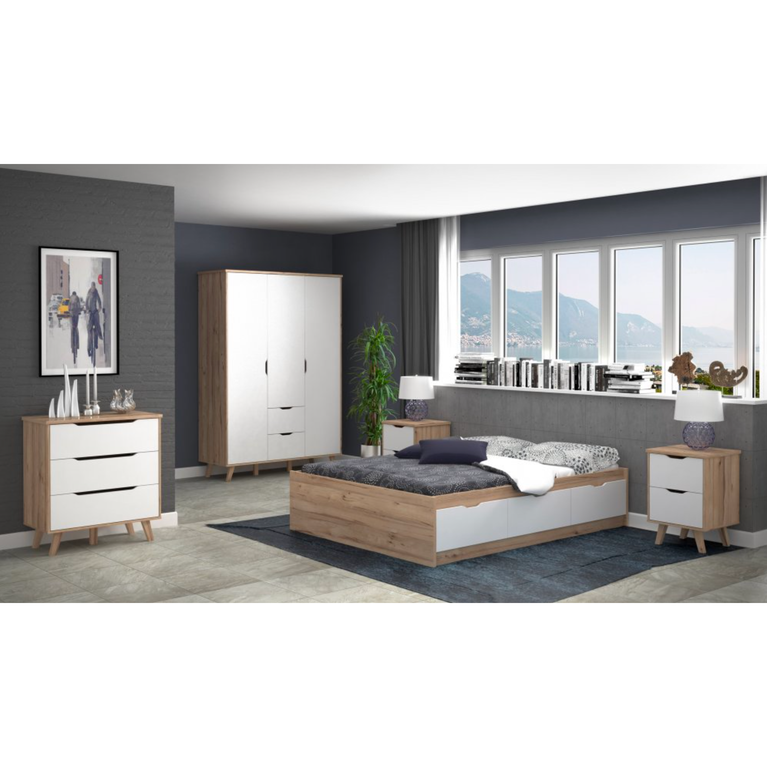 Oskar 2 Drawer Bedside Table - Matt White & Oak - FurniComp