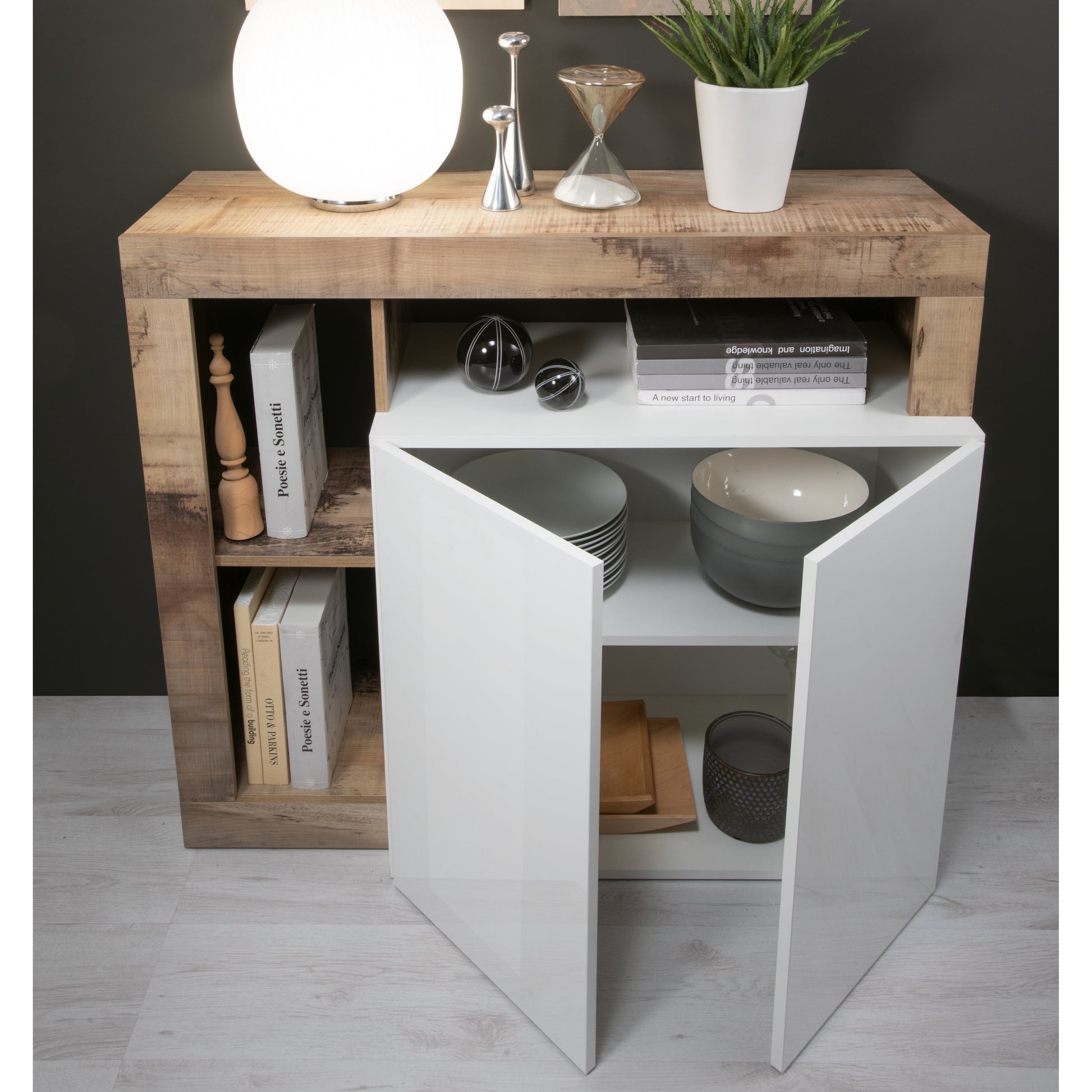 Lorenzo 2 Door White Gloss and Natural Oak Sideboard - FurniComp