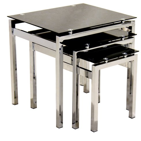 Ricardo 3 Piece Black Glass and Chrome Nest Of Tables Set - FurniComp