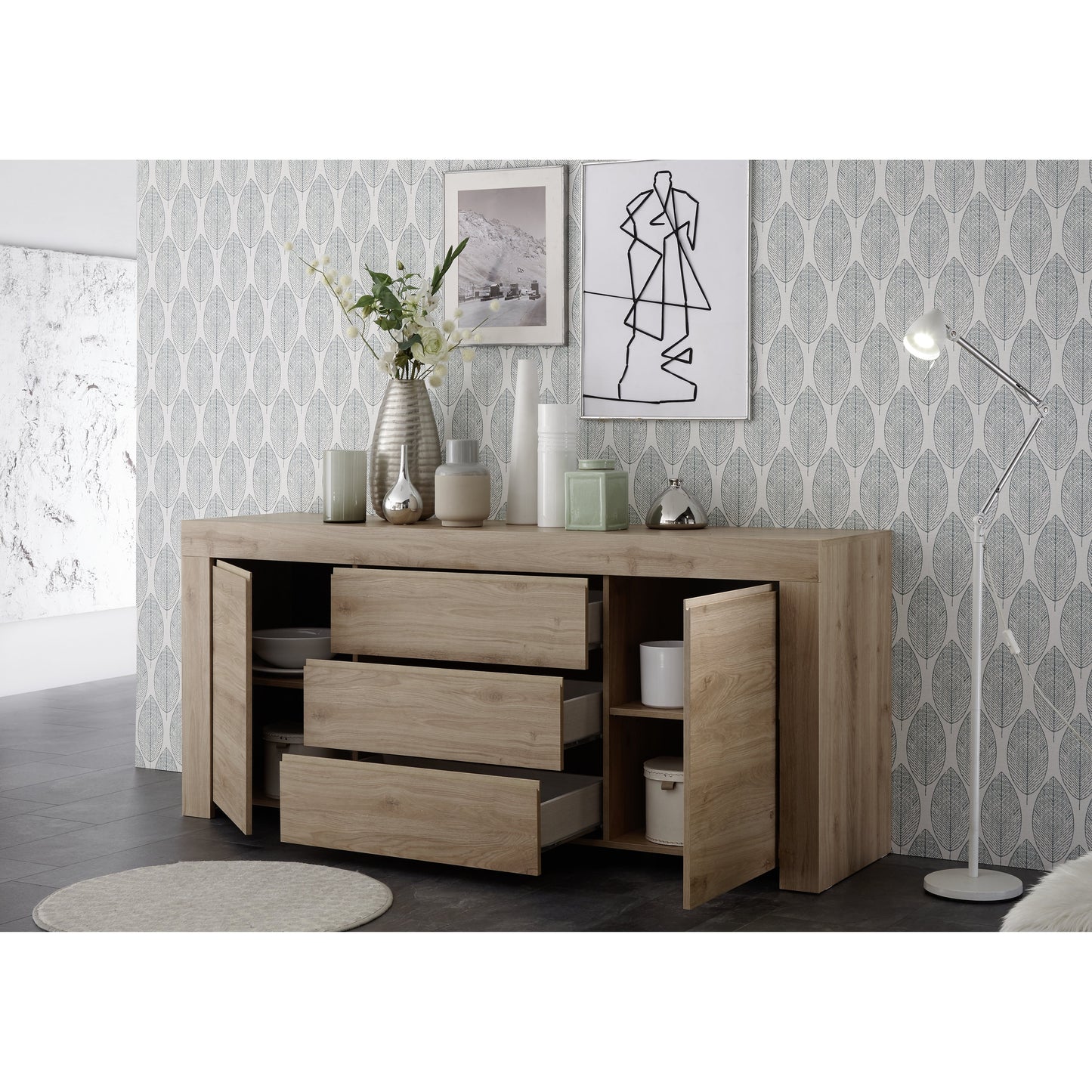 Roma Oak Effect 2 Door 3 Drawer Wide Sideboard - FurniComp