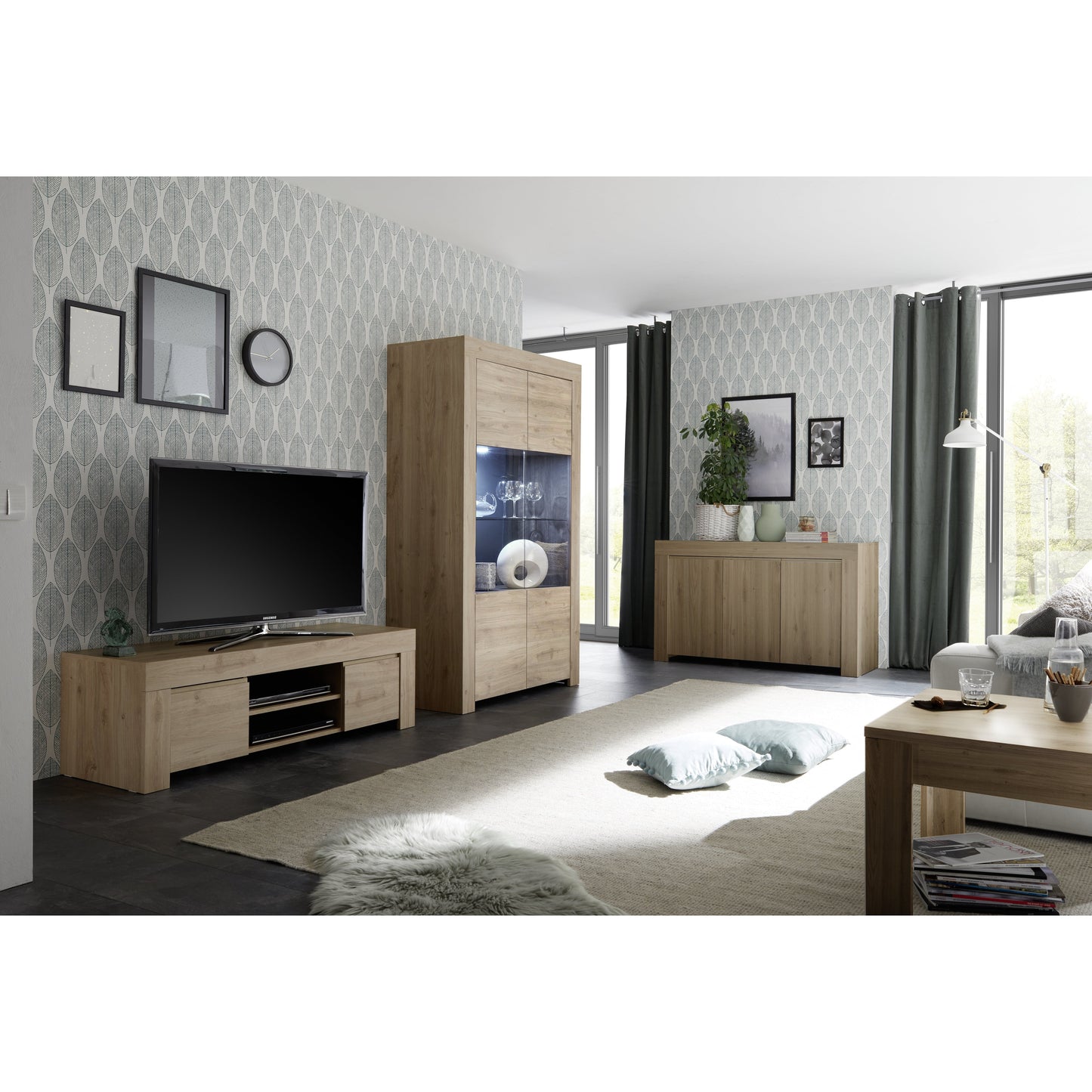 Roma Oak Effect 3 Door Sideboard Storage Cabinet - FurniComp