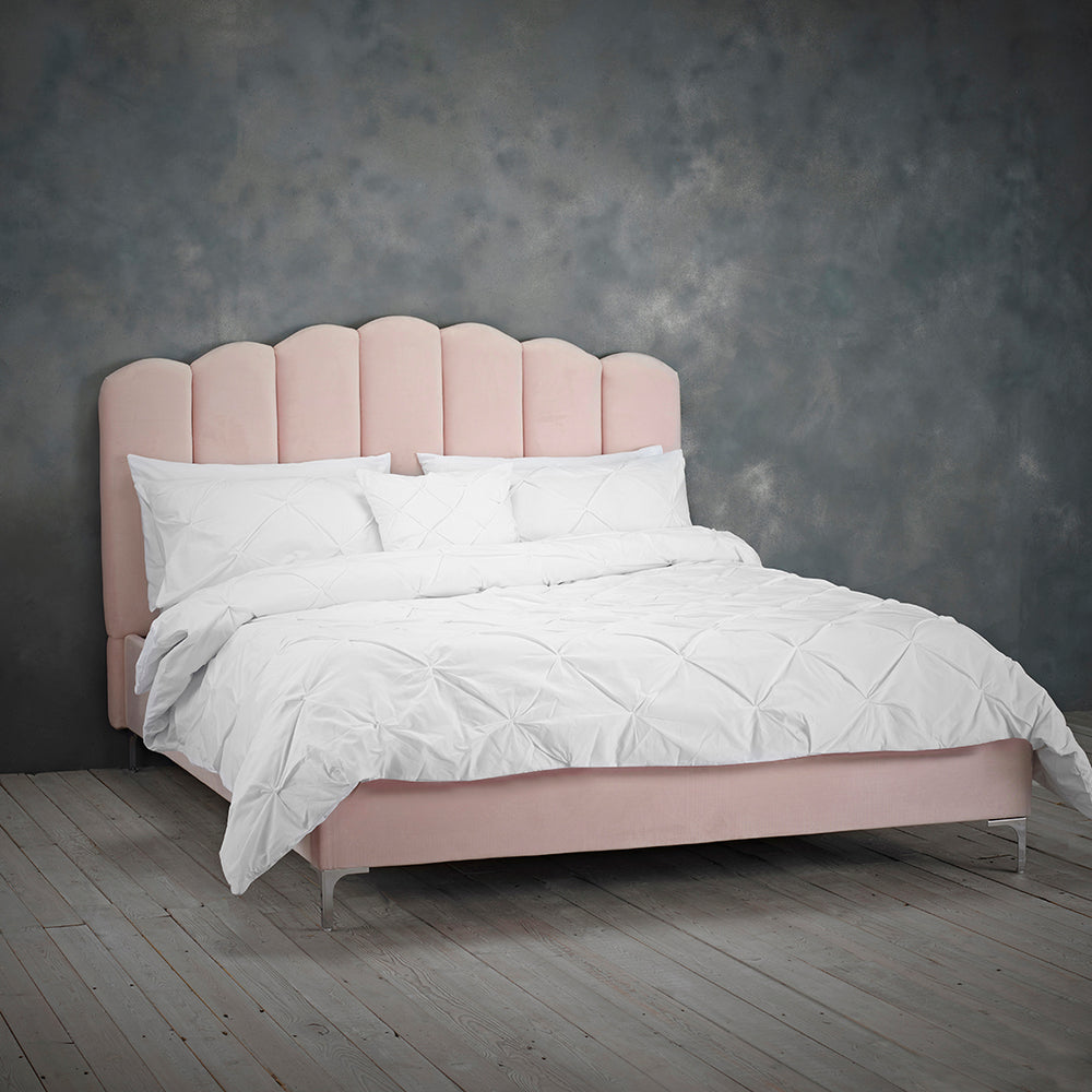 Rose Shell Pink Velvet Fabric Bed Frame - FurniComp