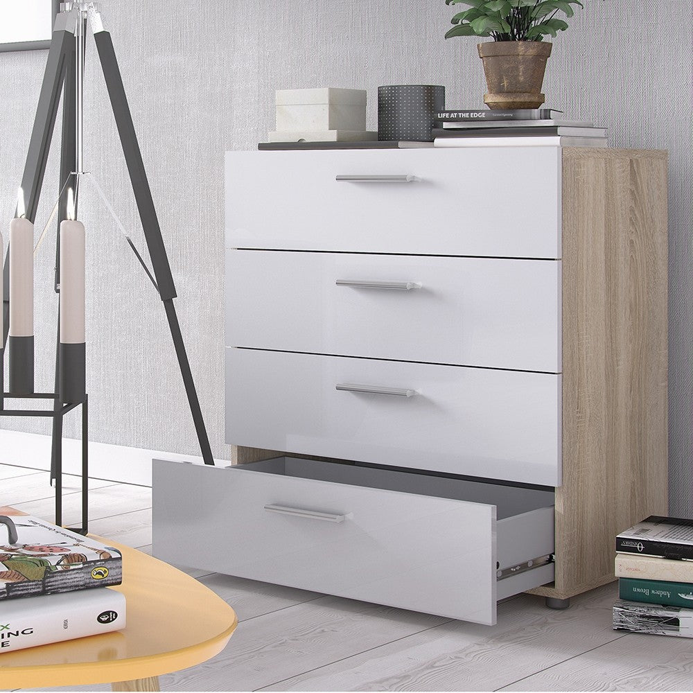 Rotterdam 4 Drawers Oak with White High Gloss Chest of Drawer - FurniComp