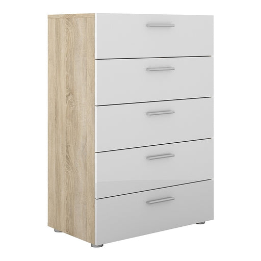 Rotterdam 5 Drawers Oak with White High Gloss Chest of Drawer - FurniComp