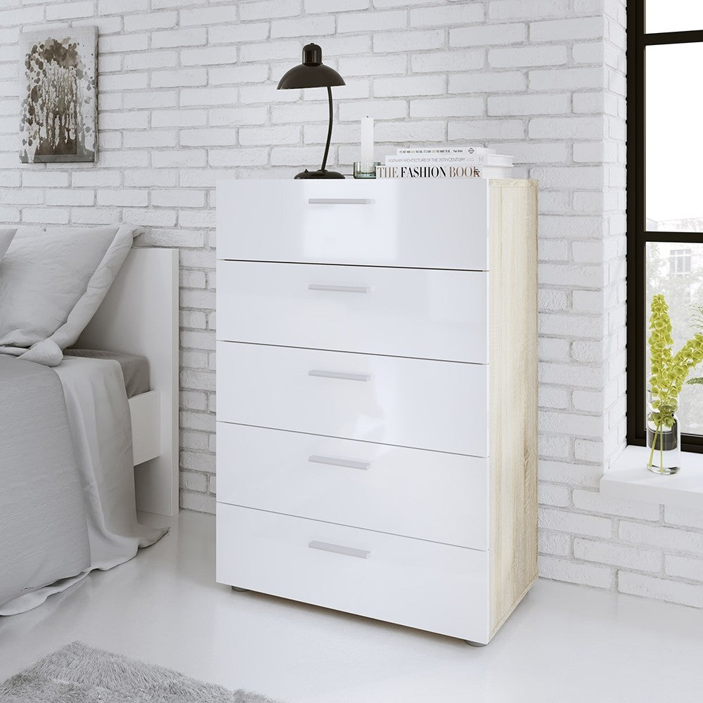 Rotterdam 5 Drawers Oak with White High Gloss Chest of Drawer - FurniComp