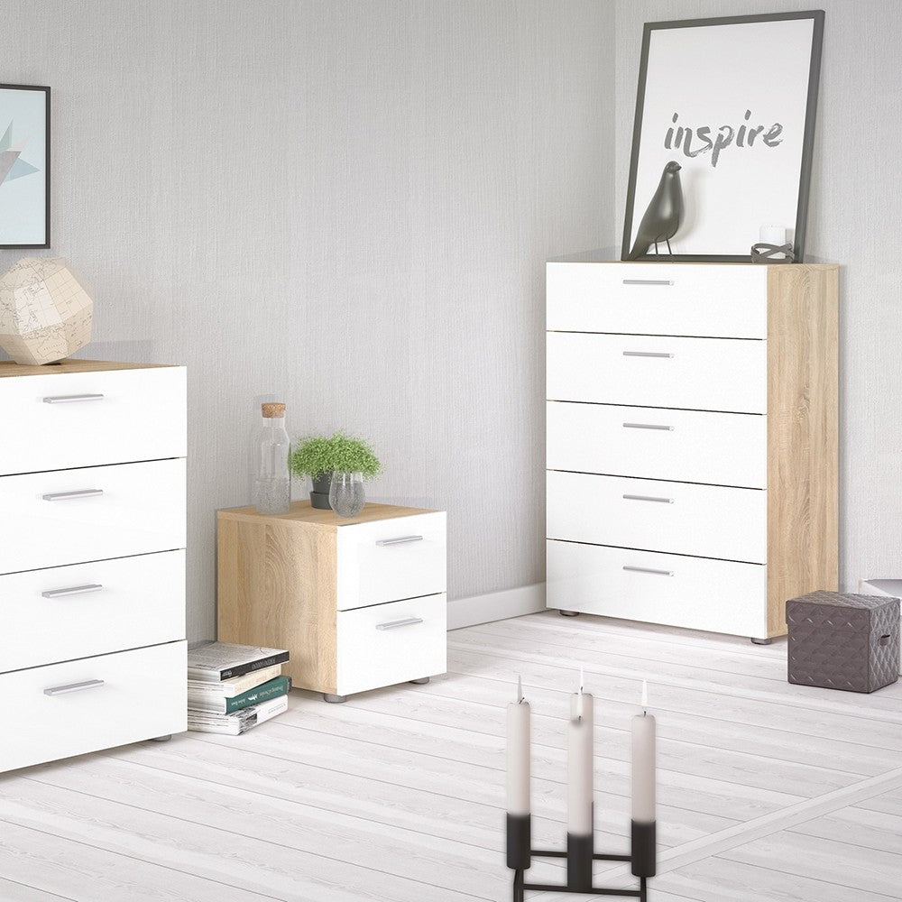Rotterdam 5 Drawers Oak with White High Gloss Chest of Drawer - FurniComp