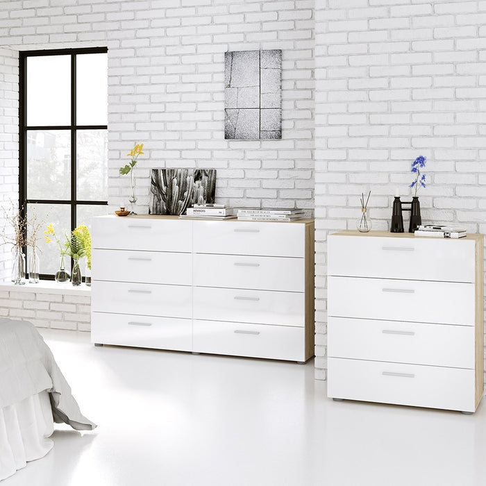 Rotterdam 8 Drawers (4+4) Oak with White High Gloss Wide Chest of Drawer - FurniComp