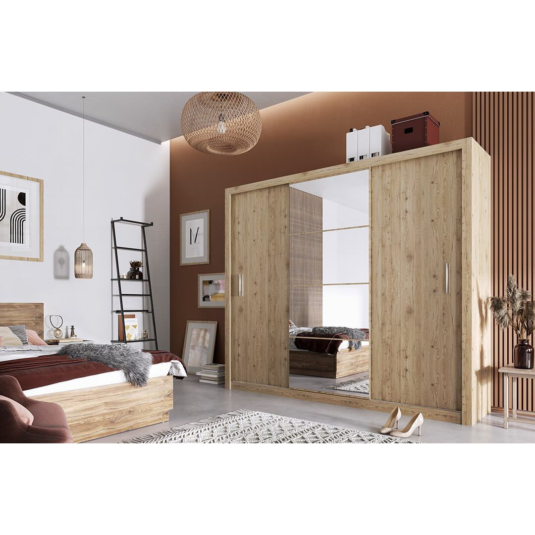 Austin Oak 3 Door 250cm Mirrored Sliding Door Wardrobe AU-01 - FurniComp