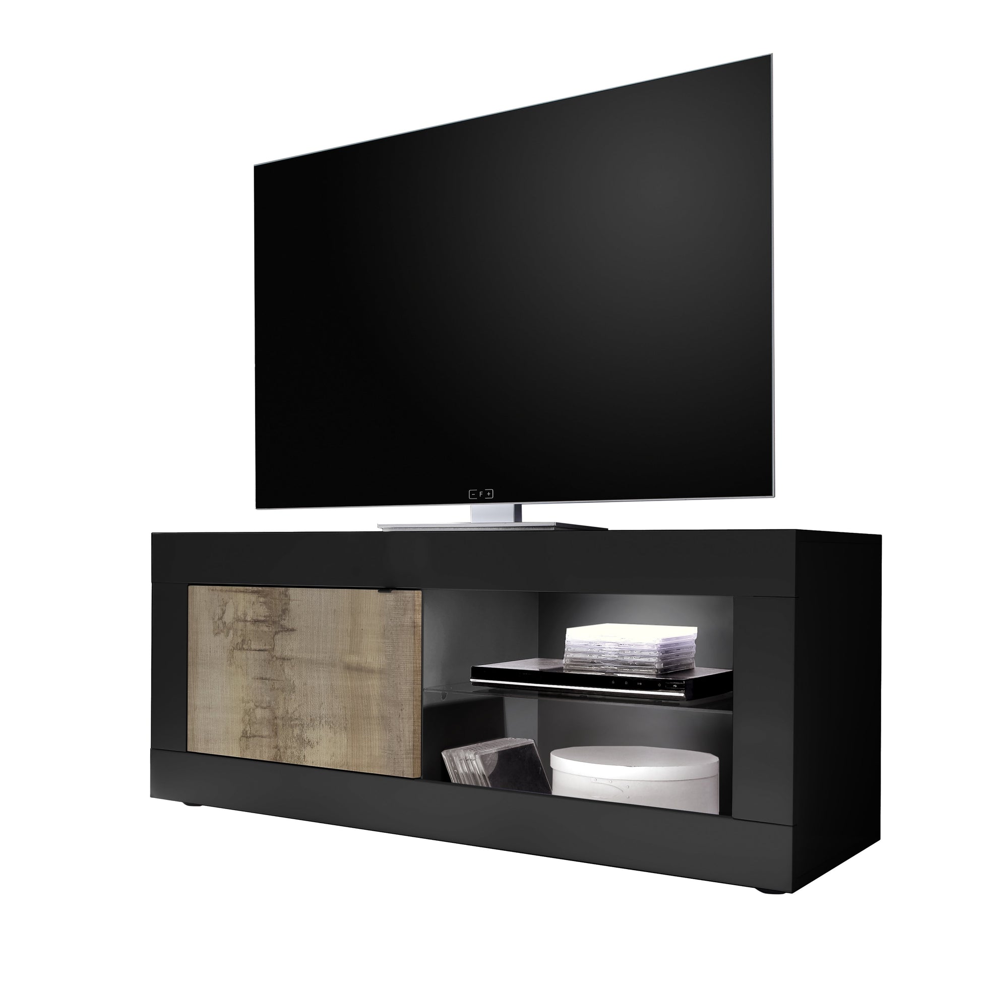 Selene 1 Door Matt Black and Oak TV Unit - FurniComp