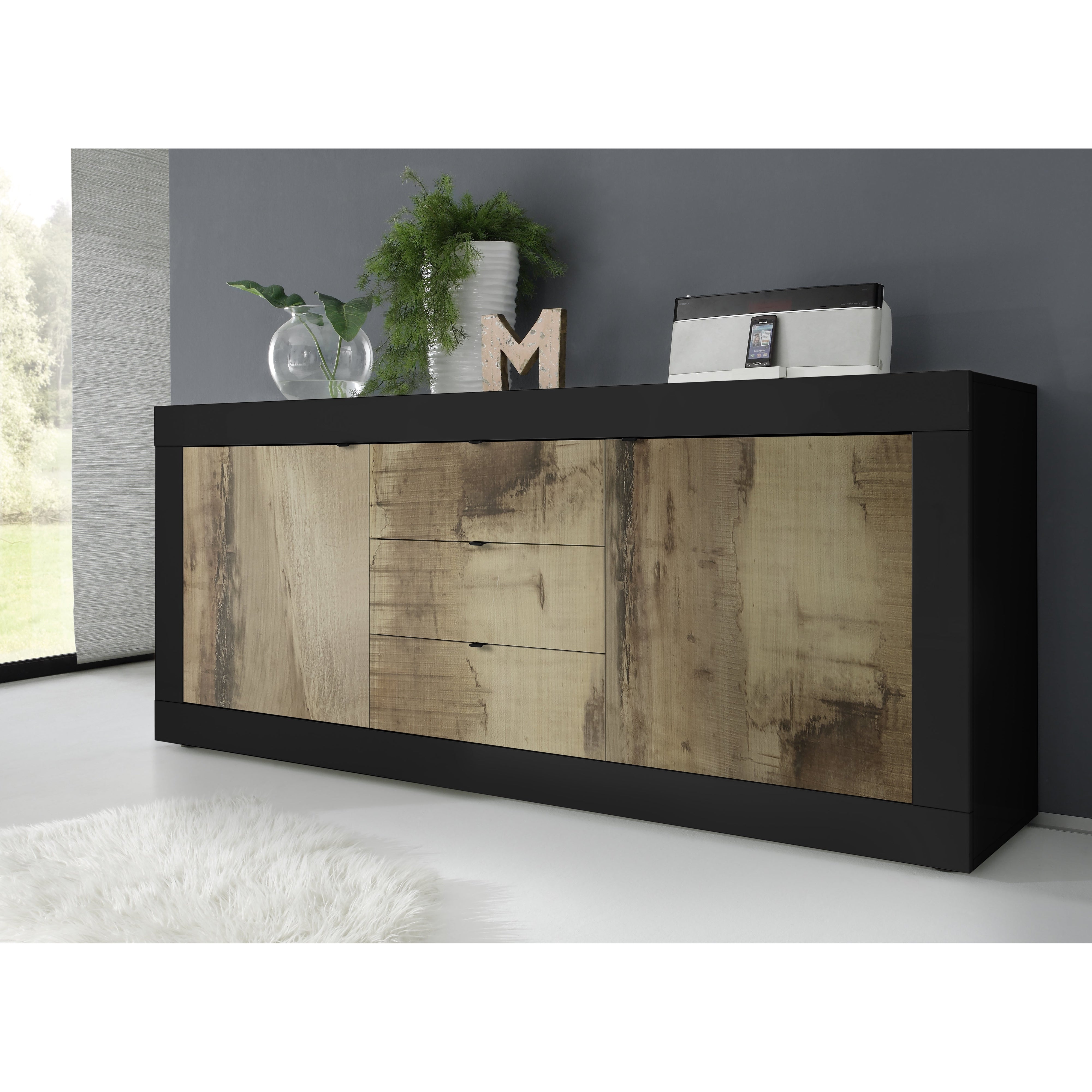 Selene 2 Door 3 Drawer Matt Black and Oak Sideboard - FurniComp