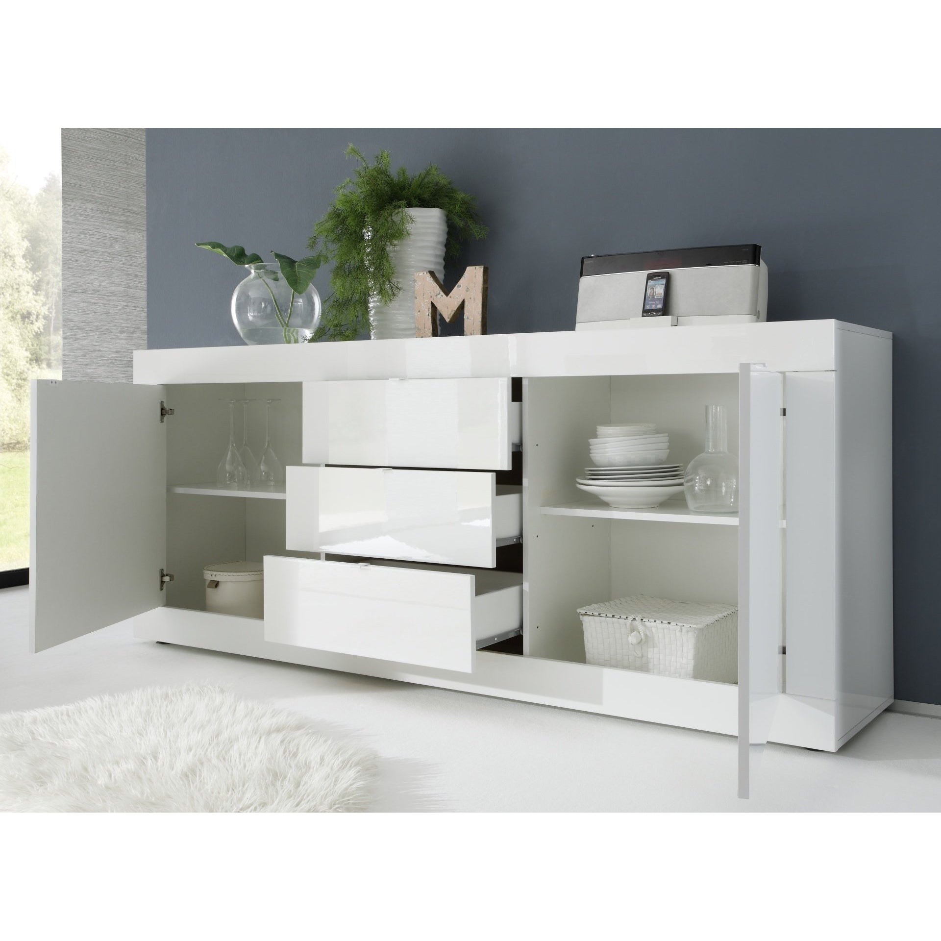 Selene 2 Door 3 Drawer White Gloss Sideboard - FurniComp