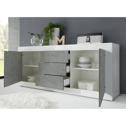 Selene 2 Door 3 Drawer White Gloss and Concrete Grey Sideboard - FurniComp