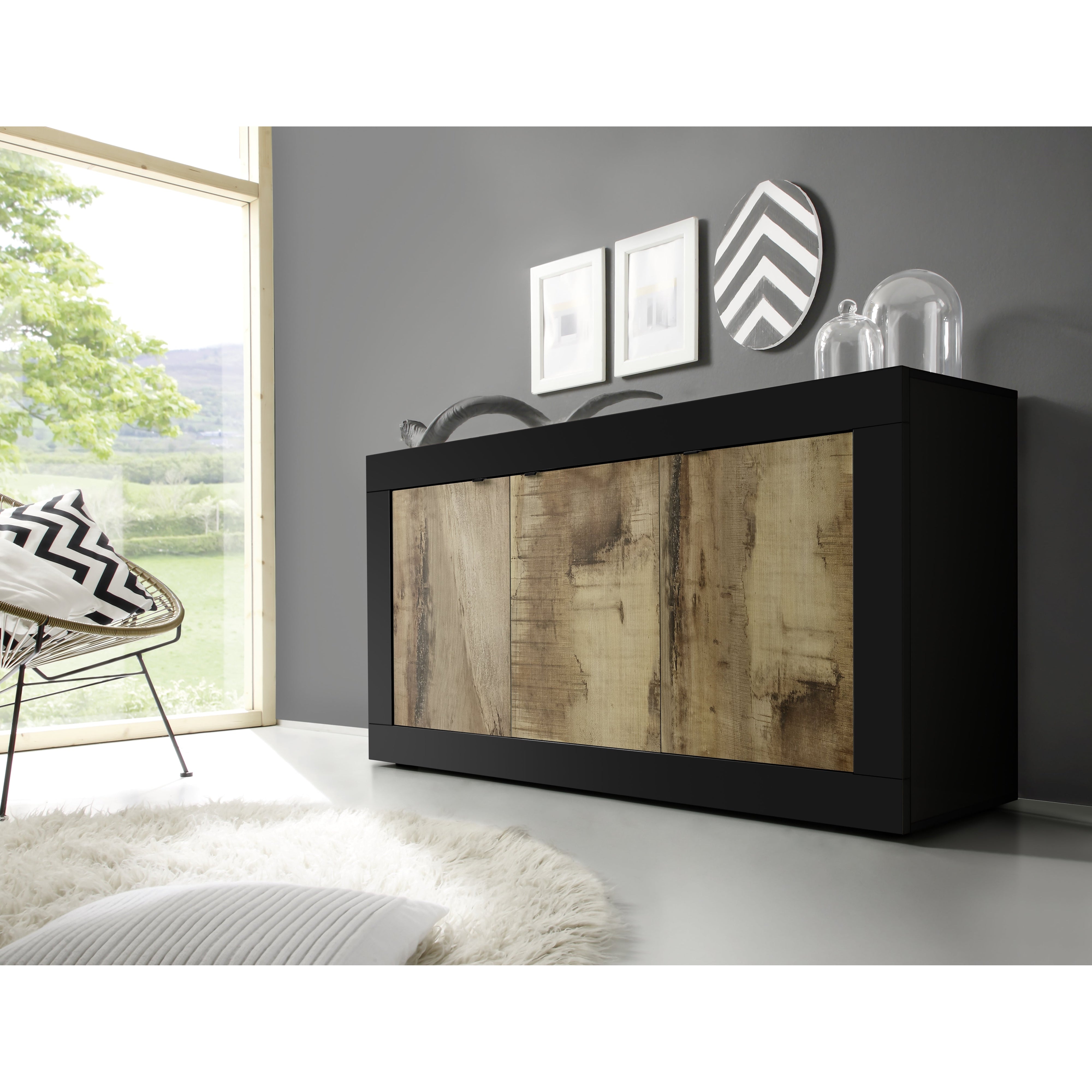 Selene 3 Door Matt Black and Oak Sideboard - FurniComp