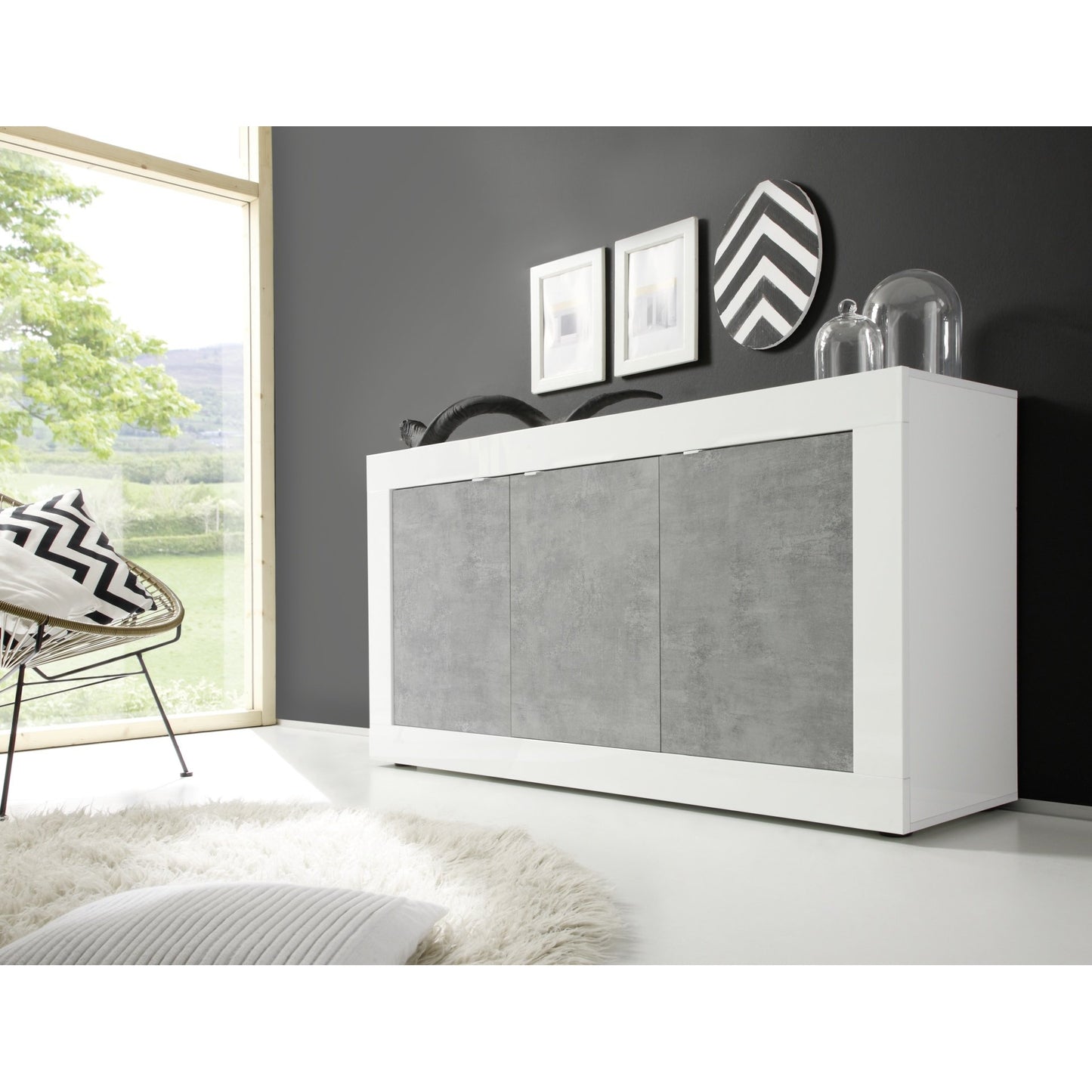 Selene 3 Door White Gloss and Concrete Grey Sideboard - FurniComp