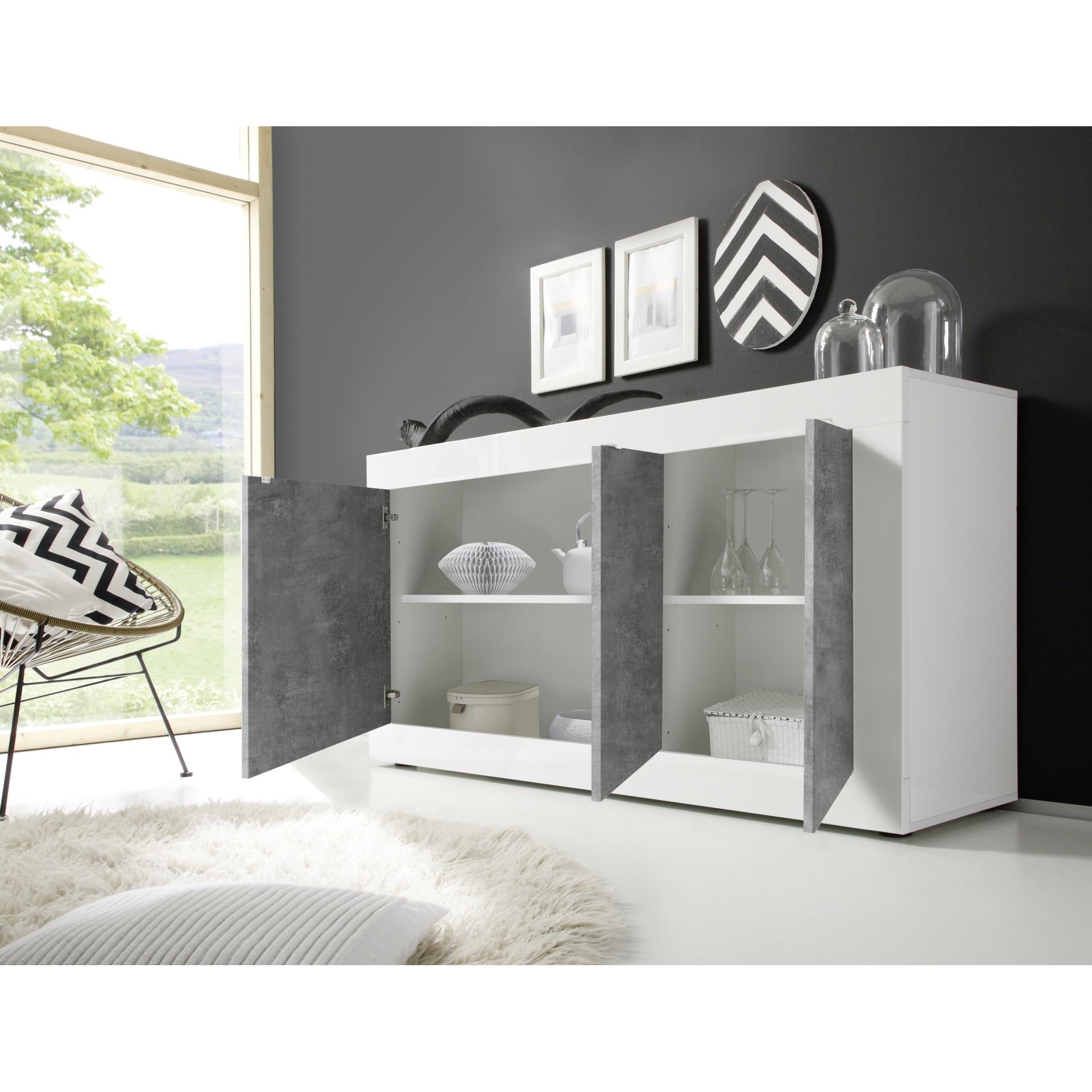 Selene 3 Door White Gloss and Concrete Grey Sideboard - FurniComp