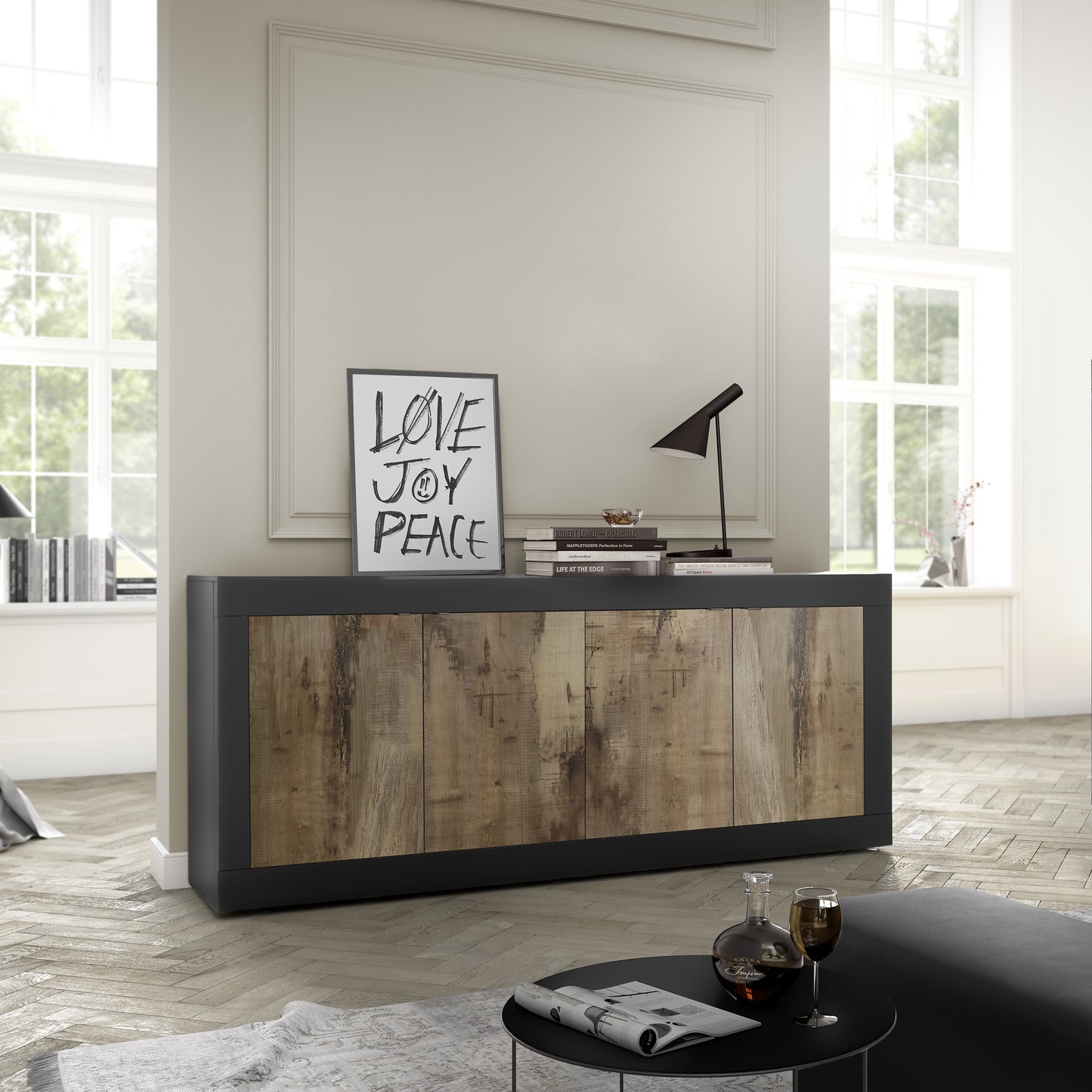 Selene 4 Door Matt Black and Oak Sideboard - FurniComp