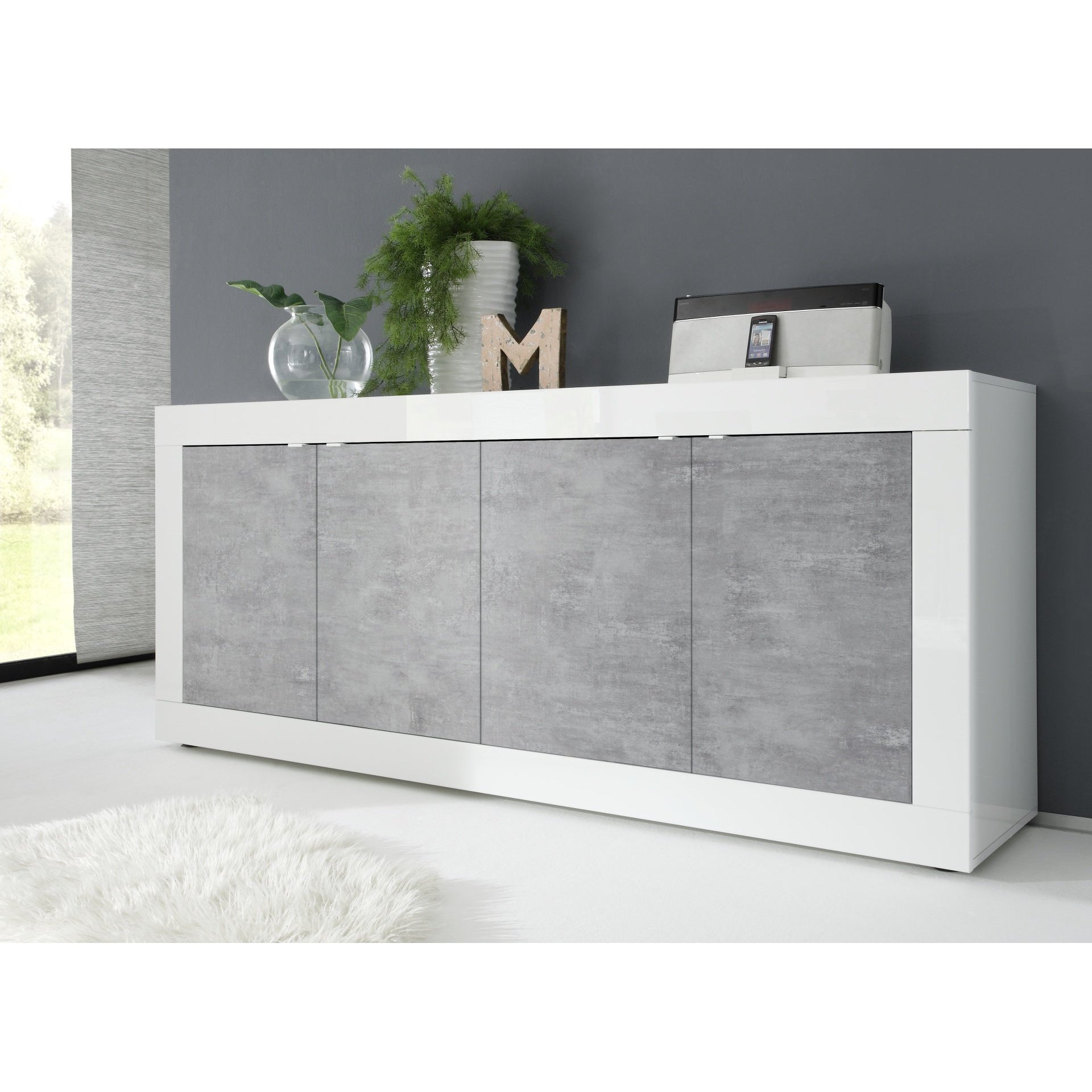 Selene 4 Door White Gloss and Concrete Grey Sideboard - FurniComp