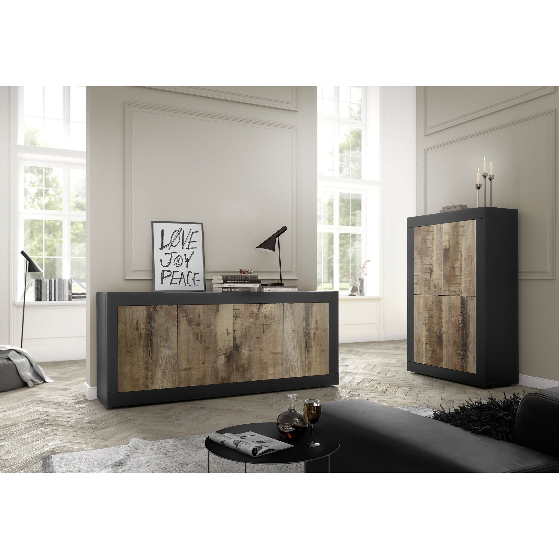 Selene 4 Door Matt Black and Oak Sideboard - FurniComp